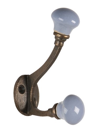 Brass Double Hook with Blue Grey Ceramic Knob