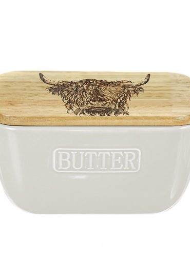 Off White Highland Cow Oak and Ceramic Butter Dish