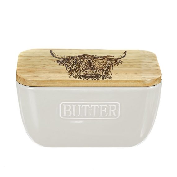 Off White Highland Cow Oak and Ceramic Butter Dish