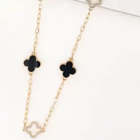 Black & Gold Diamante Clover Necklace