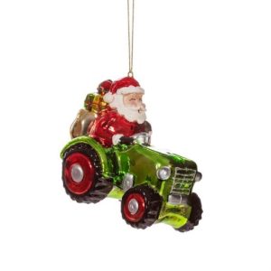 Santa On A Tractor Shaped Christmas Bauble