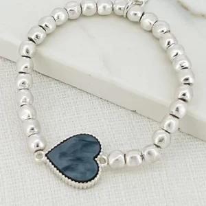 Silver Beaded Bracelet with Grey Heart