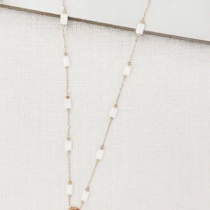 Long Gold & White Bead Necklace with White Stone Pendant