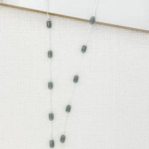 Long Gold & Grey Bead Necklace with a White Stone Ball Pendant