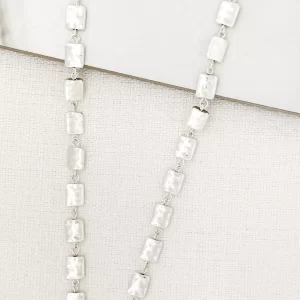 Long Worn Silver Square Link Necklace
