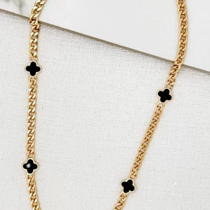 Short Gold Curb Chain Necklace with 5 Black Fleurs