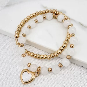 Double Layer Gold & White Bead Bracelet with Heart Charm