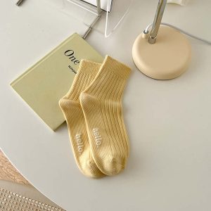 Creamy Yellow Ladies Athletic Alphabet Socks
