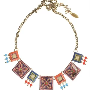 Squaring Up Necklace with Enamel Antique Gold/Blue/Pink/Green