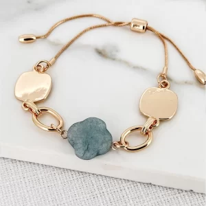 Adjustable Gold Bracelet with Blue Semi Precious Fleur