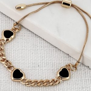 Black & Gold Curb Chain Bracelet With Three Hearts