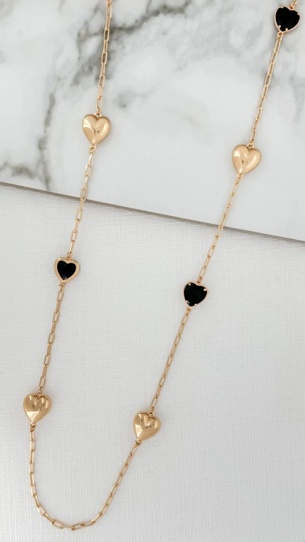 Long Gold & Faceted Black Glass Hearts Necklace