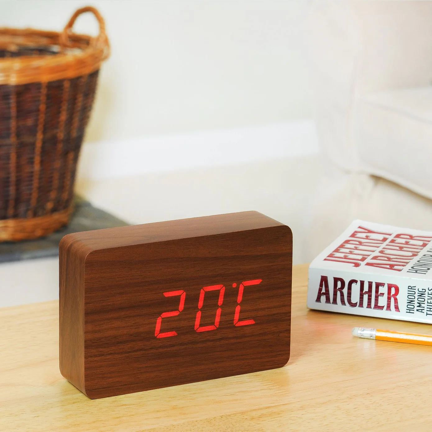 Brick Walnut Click Clock Red LED