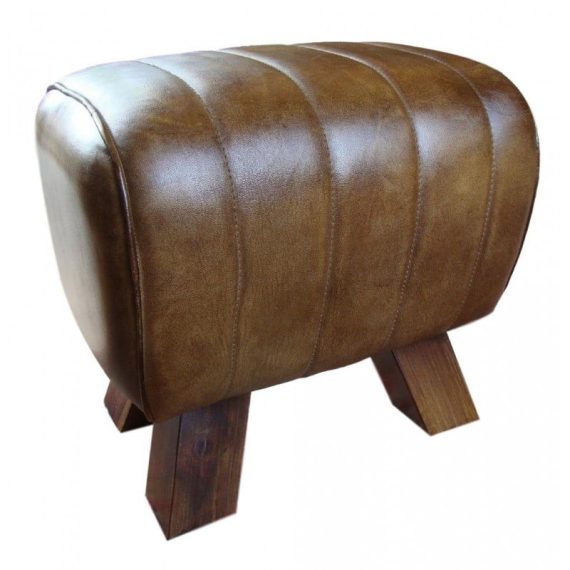 Brown Leather Stitched Pommel Horse Footstool