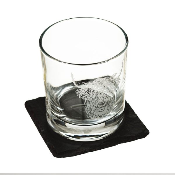 Highland Cow Engraved Glass Tumbler & Slate Coaster Gift Set