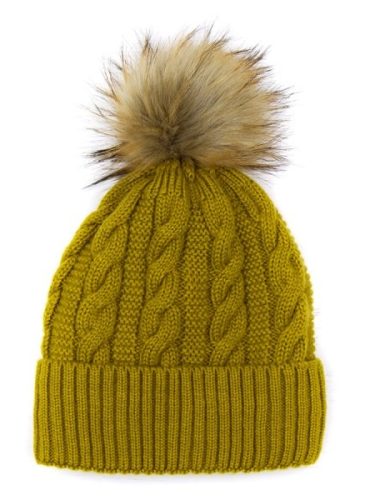 Mustard Cable Wool Hat with Faux Fur Pom Pom