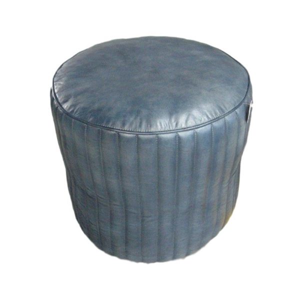 Blue Leather Round Pouffe