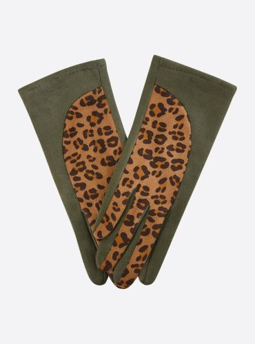 Khaki Velvet Gloves with Leopard Print