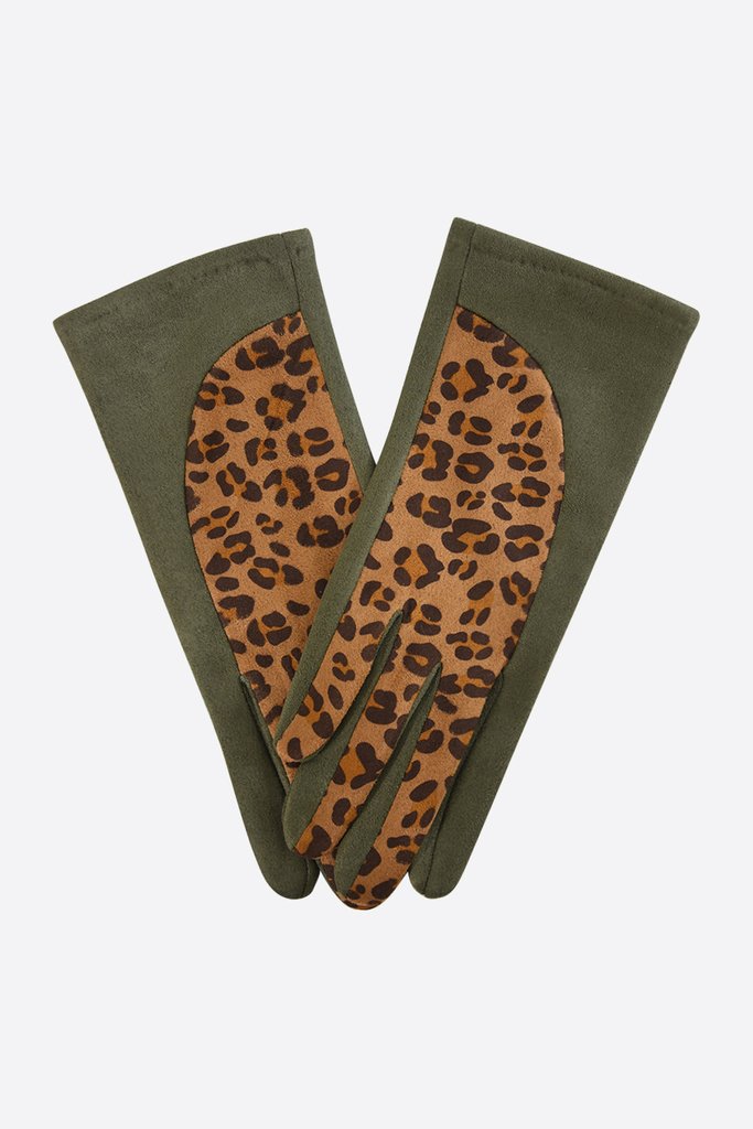 Khaki Velvet Gloves with Leopard Print