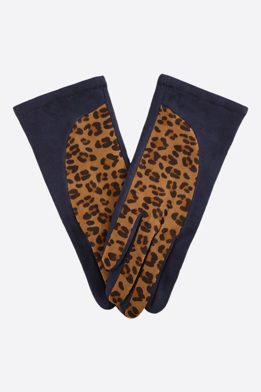 Navy Velvet Gloves With Leopard Print Detailing.