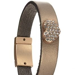 Leather Bracelet in Metallic Mocha with Encrusted Crystal Heart
