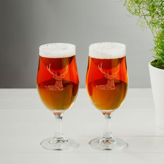 Set of 2 Stag Engraved Craft Beer Glasses