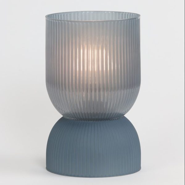 Small Blue Grey Ribbed Glass Battery Powered Table Lamp