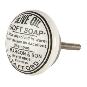 White Ceramic Vintage Soap Print Knob