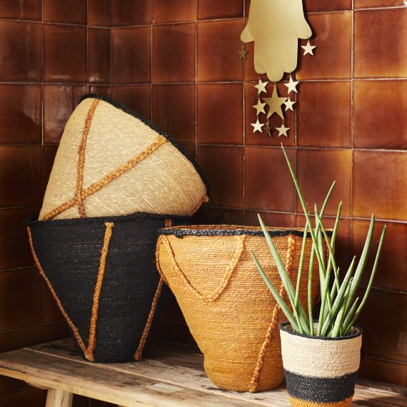 Black Seagrass Basket With Burn't Orange Stitch Detail