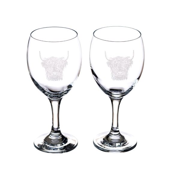Set of 2 Highland Cow Engraved Wine/Water Glasses