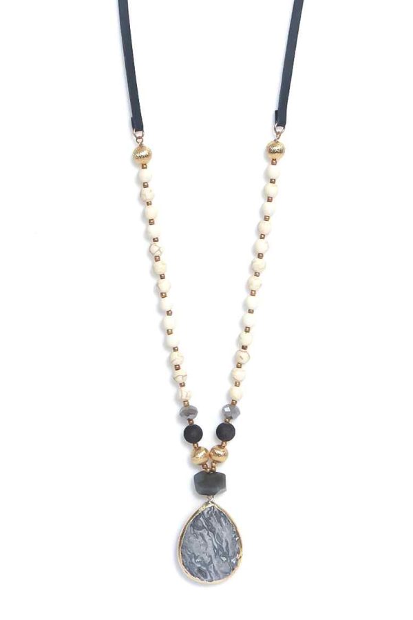 Envy Long Suede Necklace with Semi Precious Stones and Grey Stone Pendant