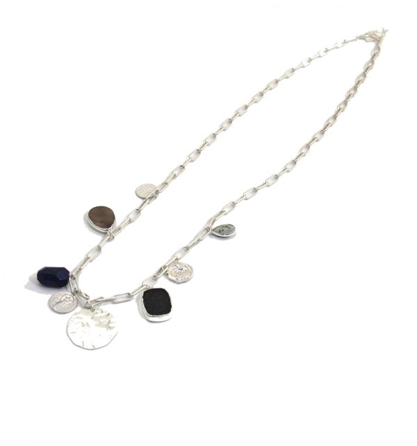 Envy Long Silver Necklace with Semi Precious Stone Pendants