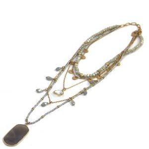 Short multi layered gold and taupe necklace with semi precious pendant