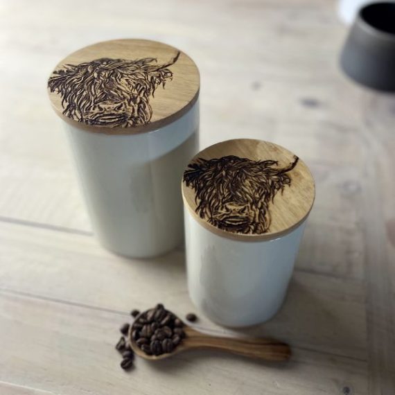 Small Highland Cow Oak & Ceramic Storage Jar