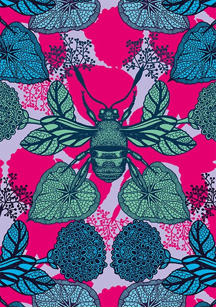 Pink Bee & Leaves Greetings Card
