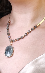 Envy Short Gold Necklace with Semi Precious Beads & Grey Stone Pendant