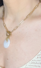 Envy Short Gold Necklace with Oval Semi Precious White Stone Pendant