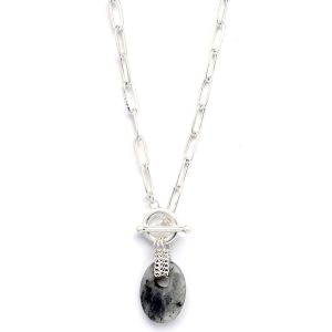 Envy Short Silver Necklace with Oval Semi Precious Grey Stone Pendant
