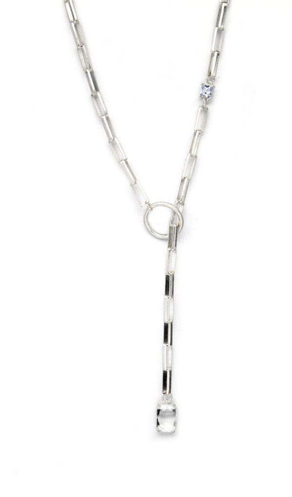 Envy Short Silver Lariat Necklace with Crystal Detail