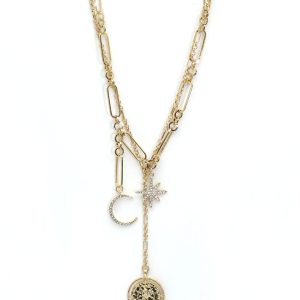 Long Gold Celestial Moon & Star Layered Necklace with Coin Pendant