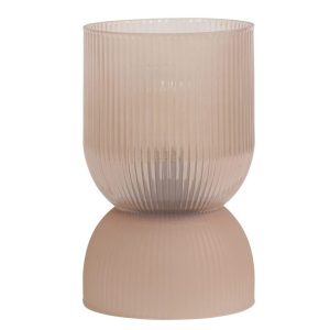 Small Old Pink Ribbed Glass Battery Powered Table Lamp