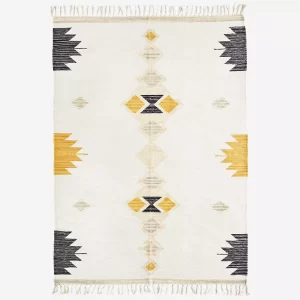 Grey & Yellow Handwoven Cotton Rug With Fringes