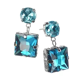Square Sparkle Rhodium/Turquoise Drop Earrings