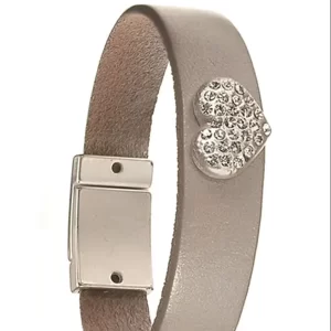 Leather Bracelet in Silver with Encrusted Crystal Heart
