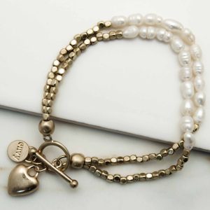 Gold & Pearl 2 Layer Bracelet with Heart Pendant