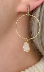 Double Hooped Gold Earrings with Pink Stone Drop