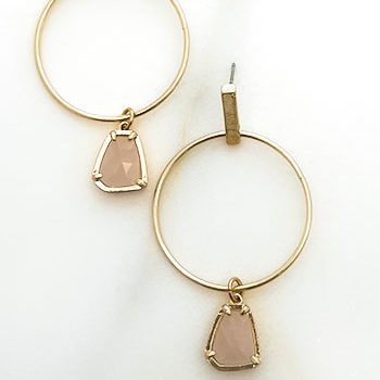 Double Hooped Gold Earrings with Pink Stone Drop