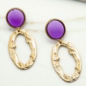 Textured Gold Oval Hoop Earrings with Purple Glass Stud