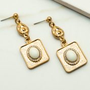 Gold square drop earrings with cream stone