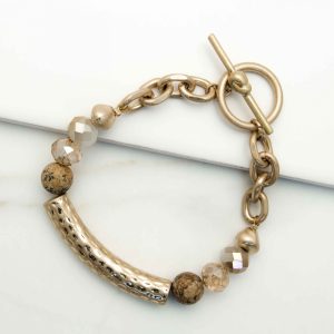 Gold Bead Chain Bracelet with Battered Bar